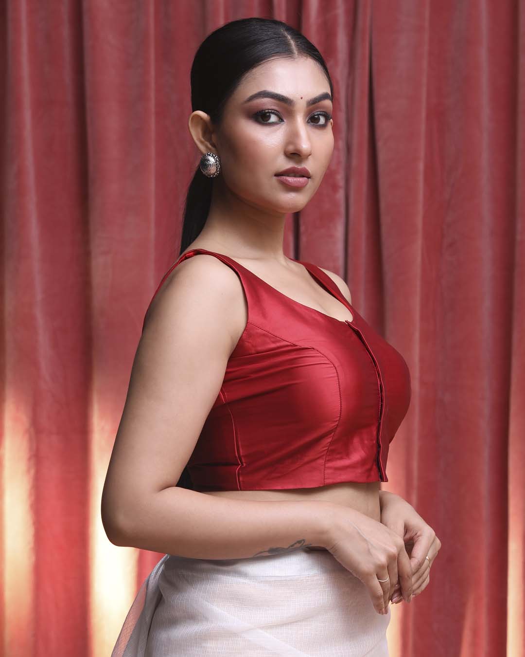 Indethnic Red Daily Wear U-Neck Sleeveless Blouse(DESIGNER SAREE BLOUSE)