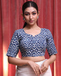 Indethnic Blue Work Wear U-Neck Short Sleeves Blouse(DESIGNER SAREE BLOUSE)