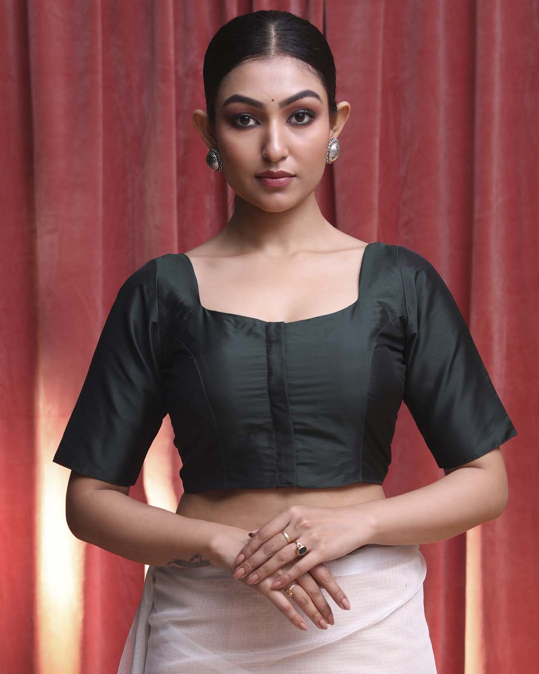 Indethnic Green Daily Wear Square Neck Short Sleeves Blouse(DESIGNER SAREE BLOUSE)