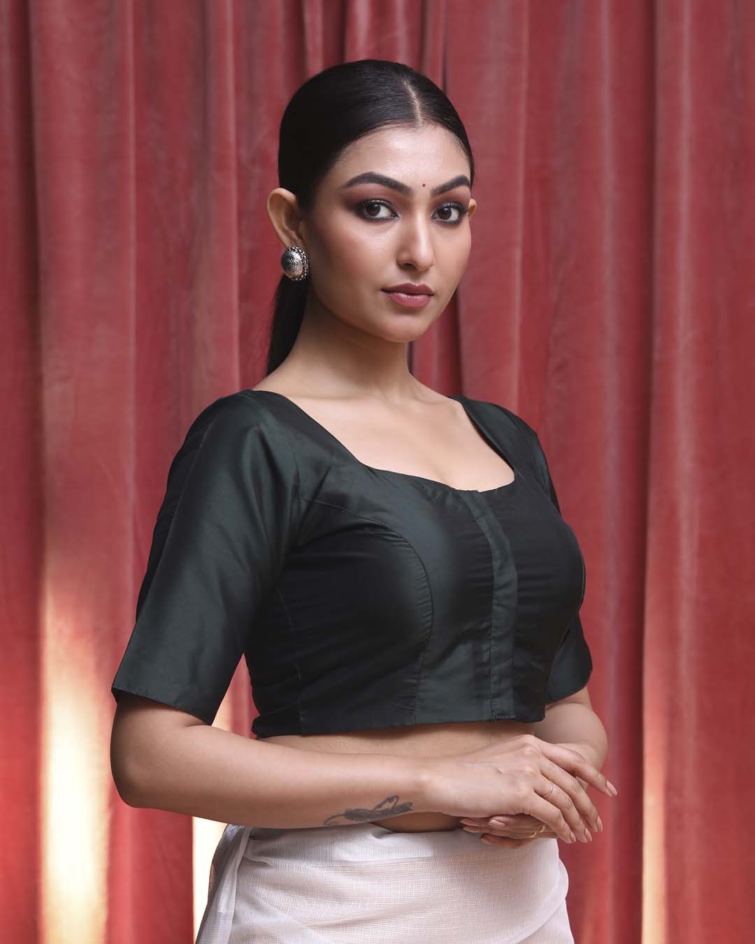 Indethnic Green Daily Wear Square Neck Short Sleeves Blouse(DESIGNER SAREE BLOUSE)