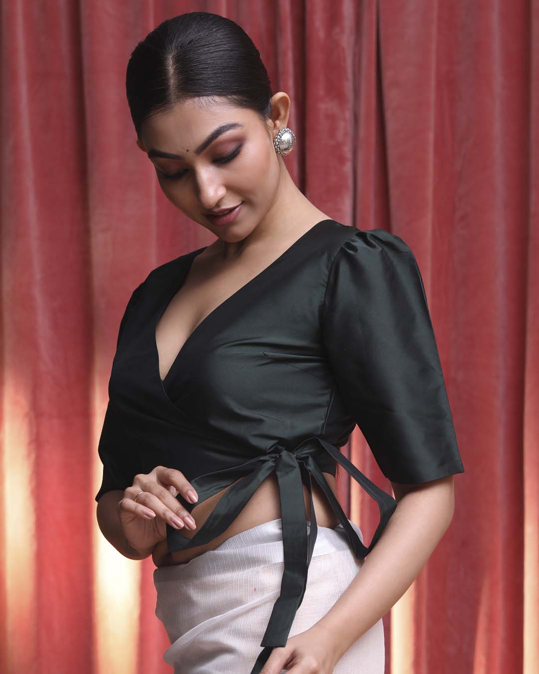 Indethnic Green Daily Wear V-Neck Short Sleeves Blouse(DESIGNER SAREE BLOUSE)