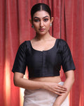 Indethnic Black Daily Wear U-Neck Short Sleeves Blouse(DESIGNER SAREE BLOUSE)