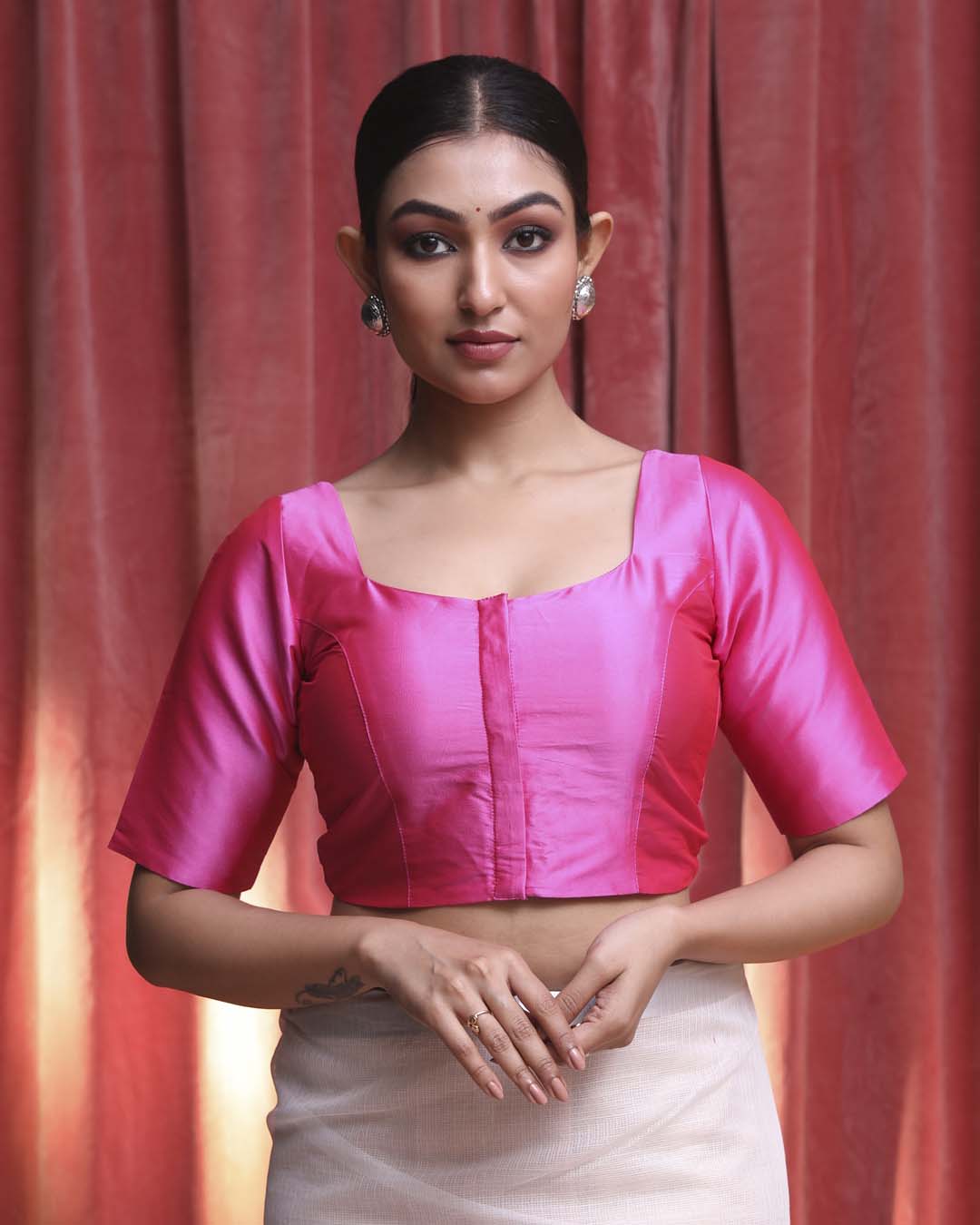 Indethnic Pink Daily Wear Square Neck Short Sleeves Blouse(DESIGNER SAREE BLOUSE)