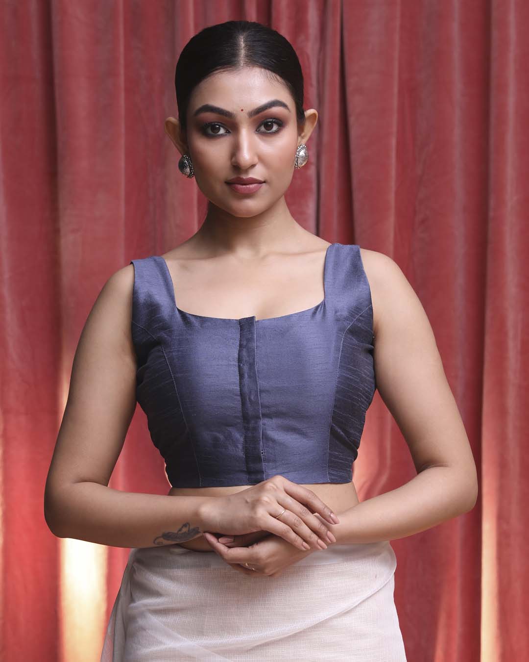 Indethnic Grey Work Wear Sweetheart Neck Sleeveless Blouse(DESIGNER SAREE BLOUSE)