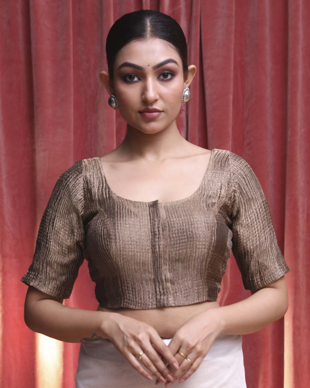 Indethnic Brown Festive Wear U-Neck Short Sleeves Blouse(DESIGNER SAREE BLOUSE)