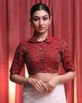 Indethnic Maroon Work Wear Shirt Collar Short Sleeves Blouse(DESIGNER SAREE BLOUSE)