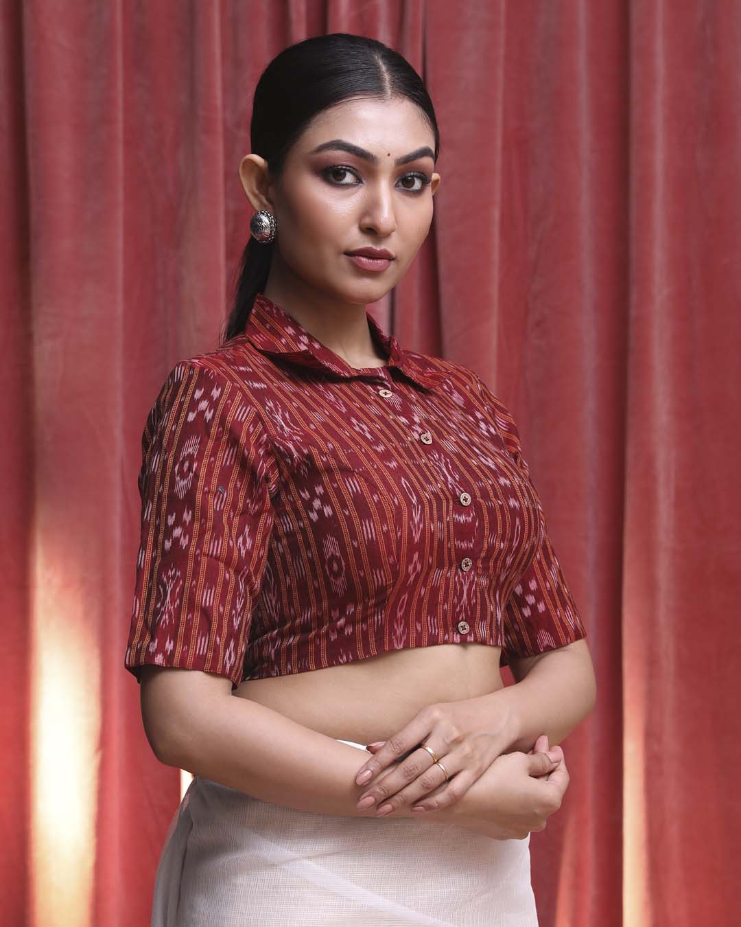 Indethnic Maroon Work Wear Shirt Collar Short Sleeves Blouse(DESIGNER SAREE BLOUSE)