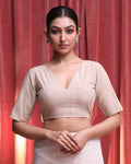 Indethnic Beige Work Wear V-Neck Short Sleeves Blouse(DESIGNER SAREE BLOUSE)