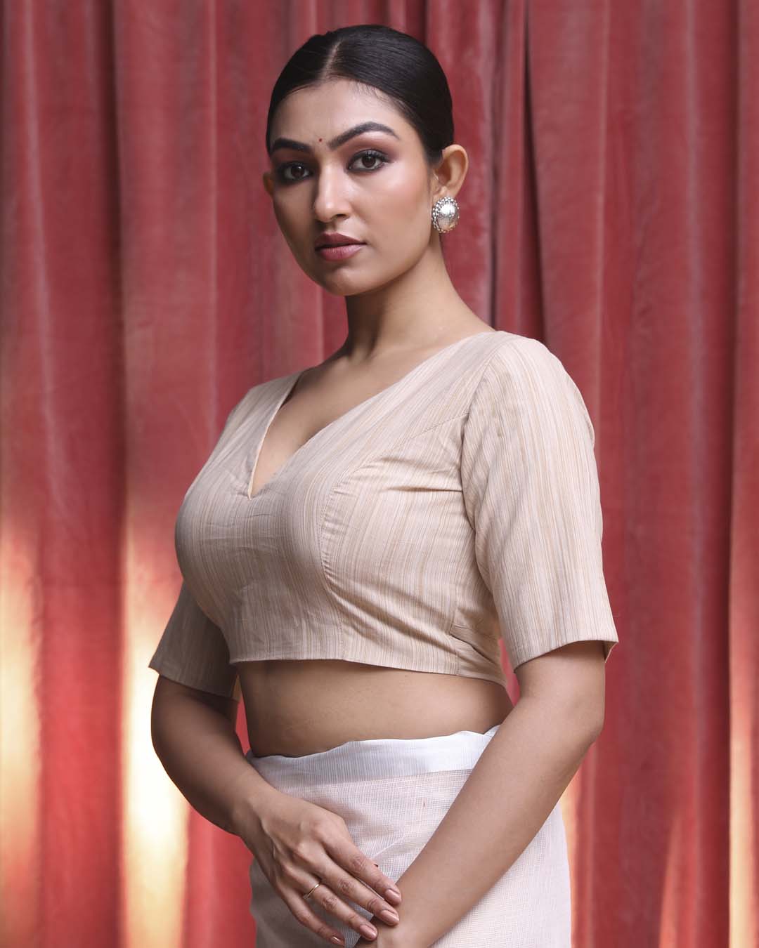 Indethnic Beige Work Wear V-Neck Short Sleeves Blouse(DESIGNER SAREE BLOUSE)