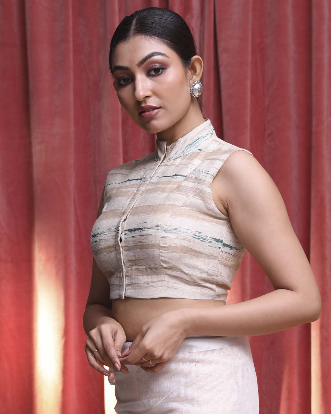 Indethnic Beige Party Wear Mandarin Collar Sleeveless Blouse