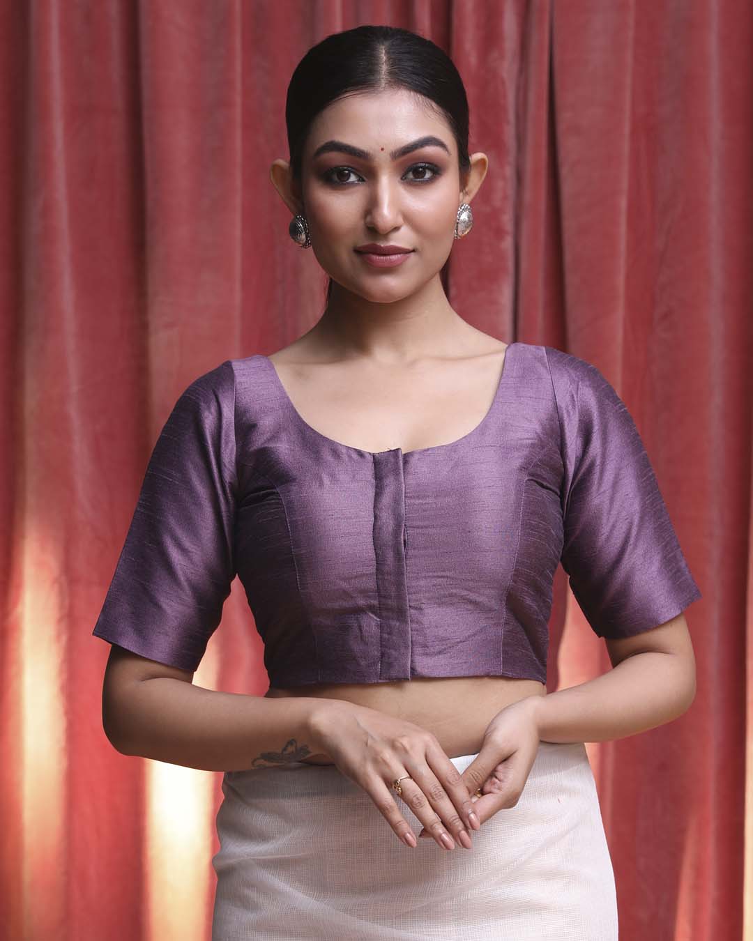 Indethnic Violet Work Wear Square Neck Short Sleeves Blouse(DESIGNER SAREE BLOUSE)