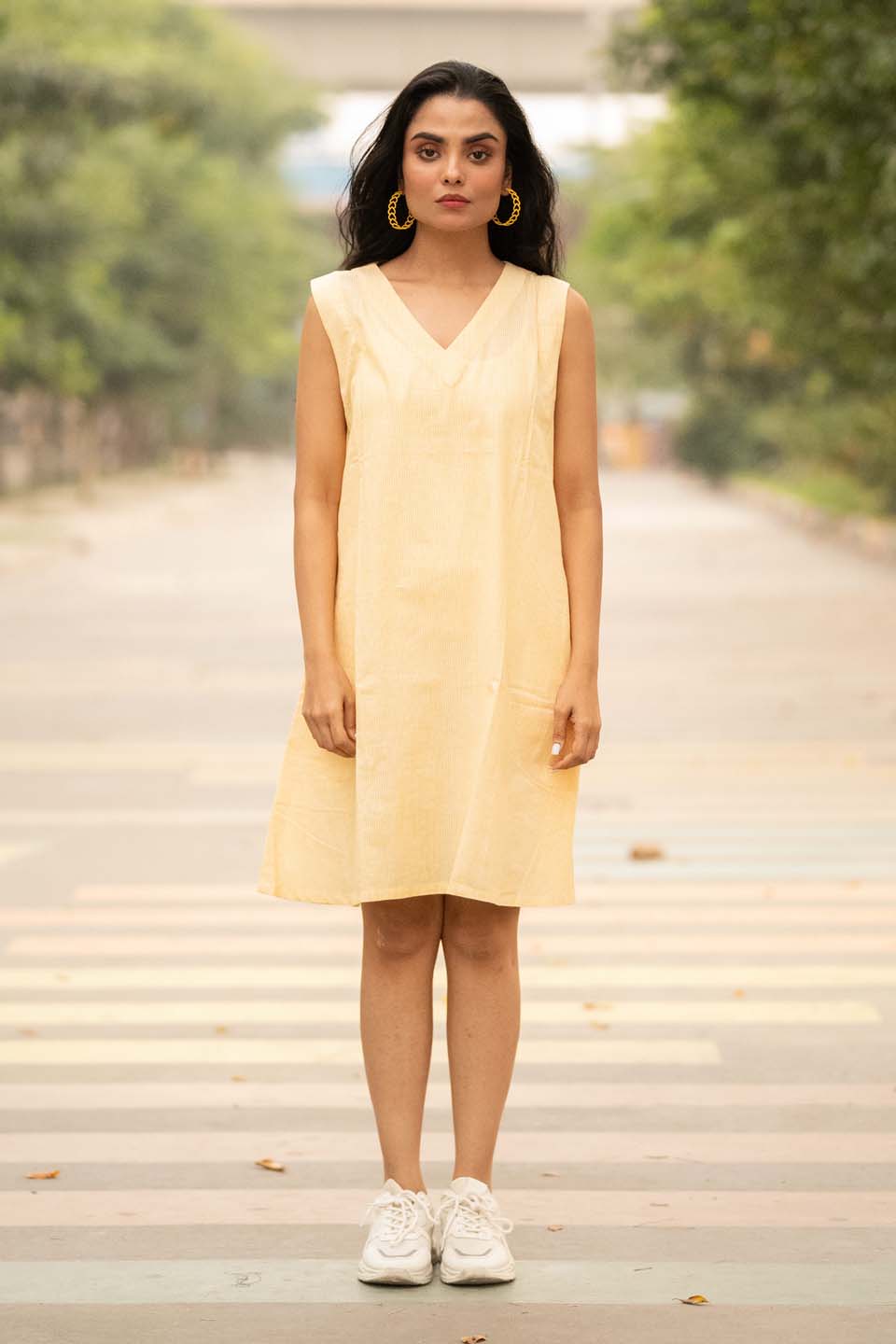 Sun Dot — Cotton Stripe Dress with Dot Shrug and Attached Stole