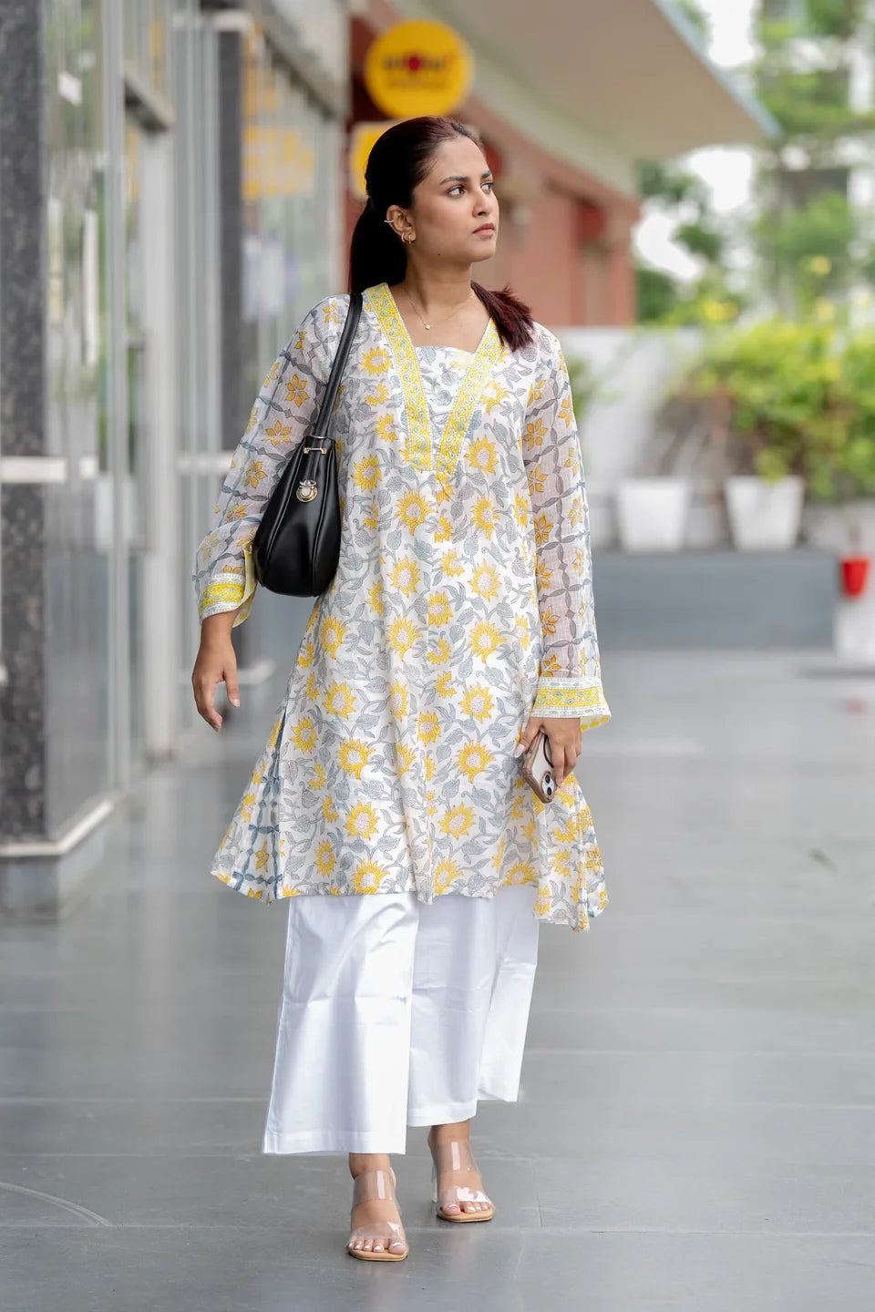 Marigold Mist — Floral Block Print Cotton Kurta with Border Neck