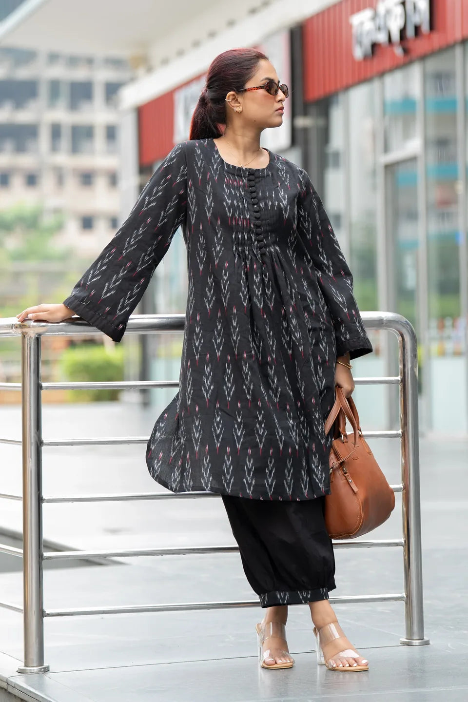 Midnight Ikat — Black Ikat Cotton Kurti & Hem Pleated Pant Set