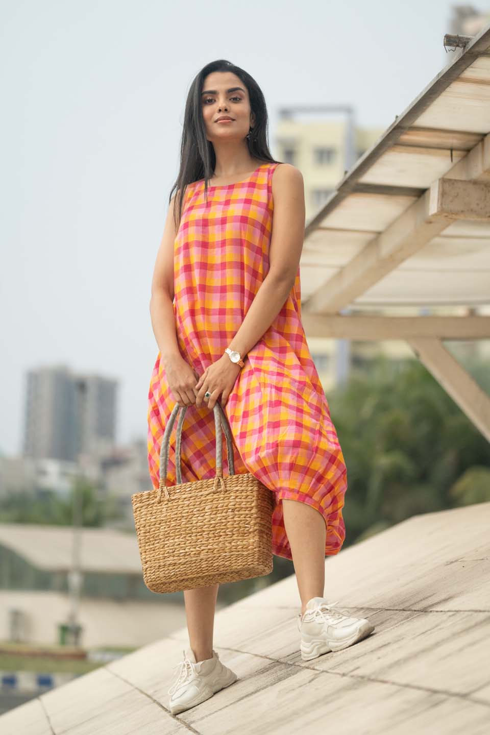 Fiesta Bubble — Handloom Plaid Balloon Dress with Adjustable Hem