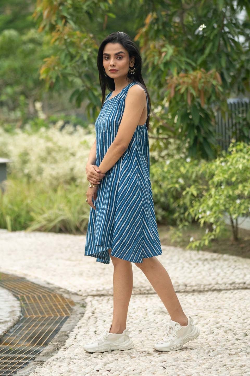 Indigo Lehr — Resist-Stripe Indigo Cotton Mini Dress
