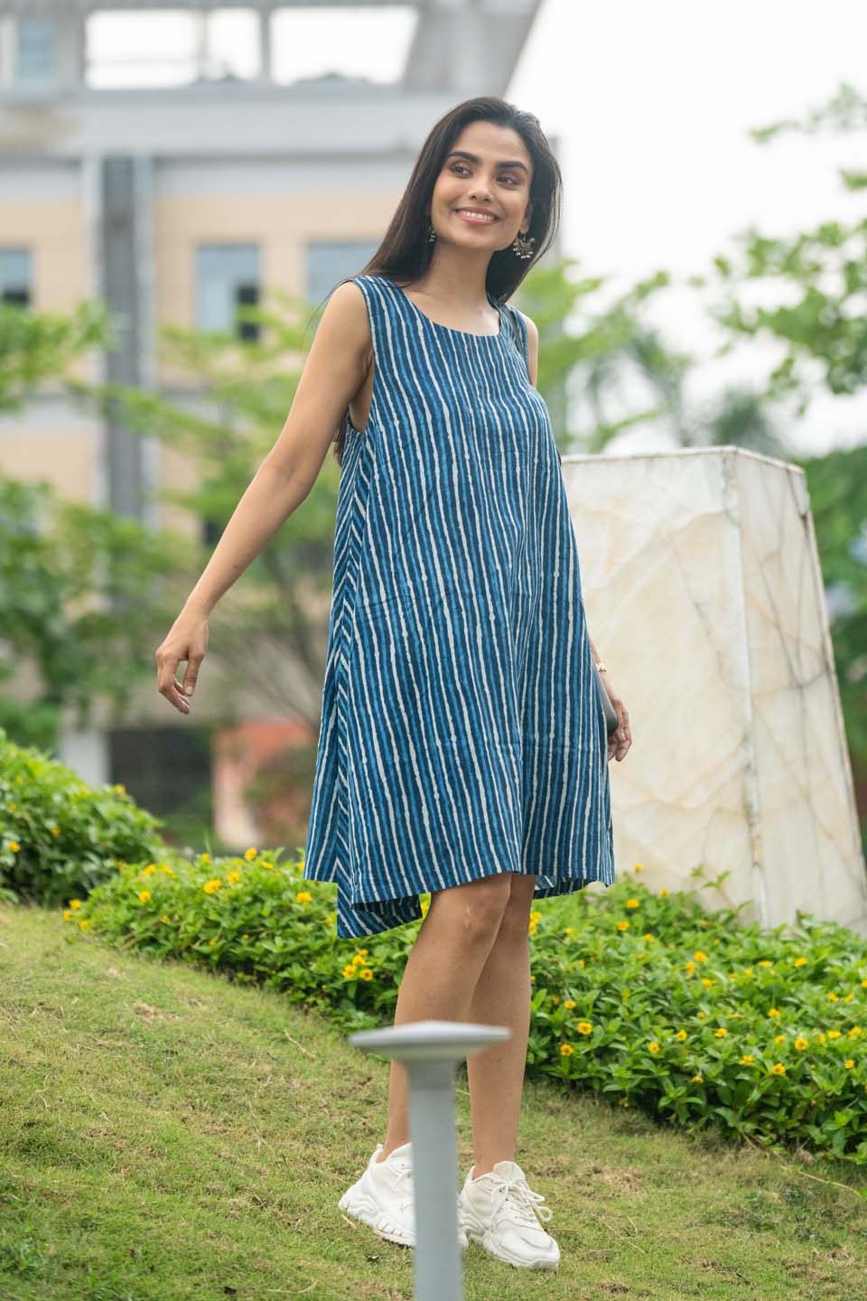 Indigo Lehr — Resist-Stripe Indigo Cotton Mini Dress