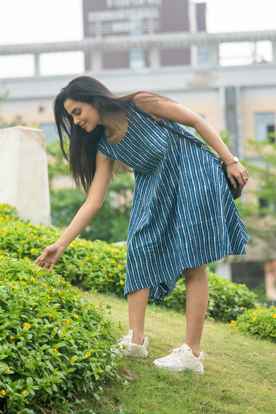 Indigo Lehr — Resist-Stripe Indigo Cotton Mini Dress