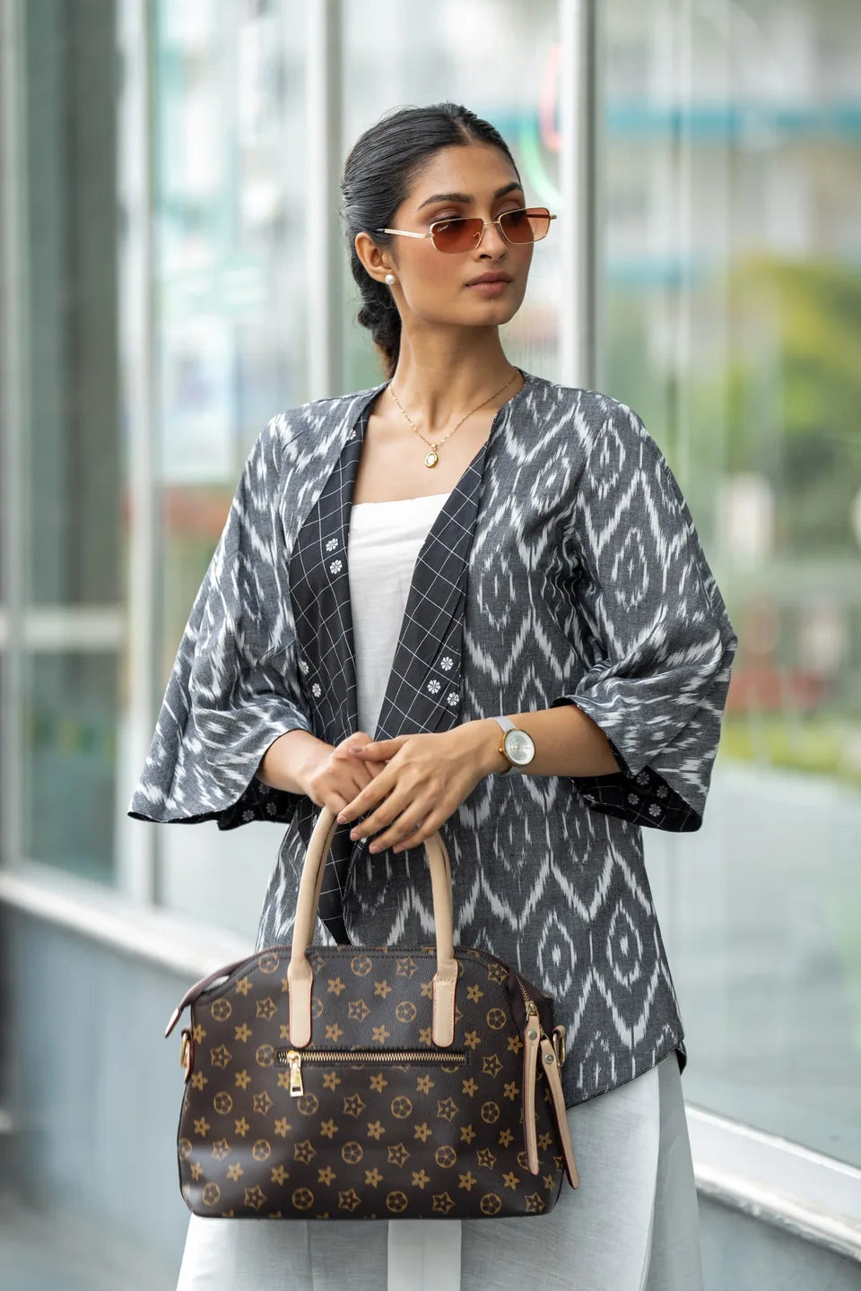 Domino Drape — Reversible Check & Grey Ikat Cotton Waterfall Shrug