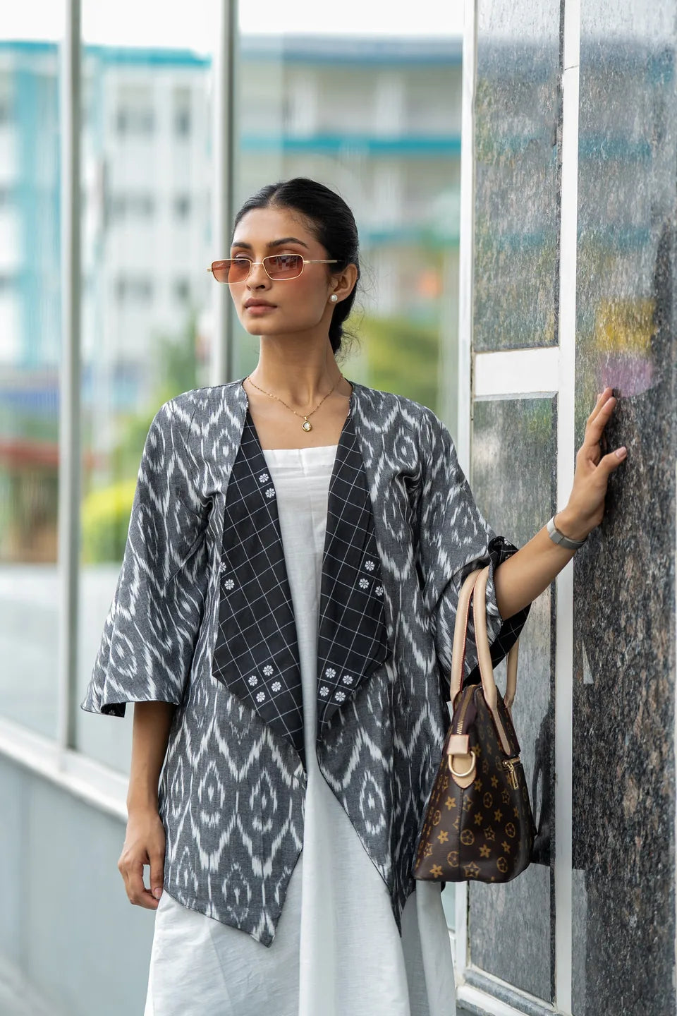 Domino Drape — Reversible Check & Grey Ikat Cotton Waterfall Shrug