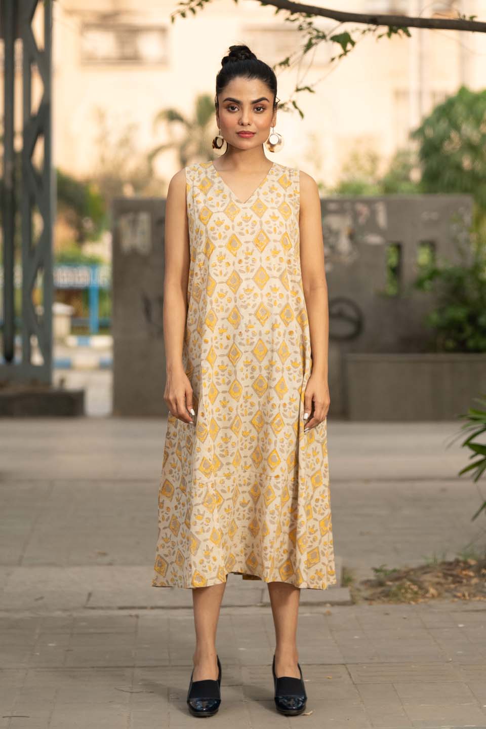 Golden Lattice — Hand Block Print Cotton A-Line Dress