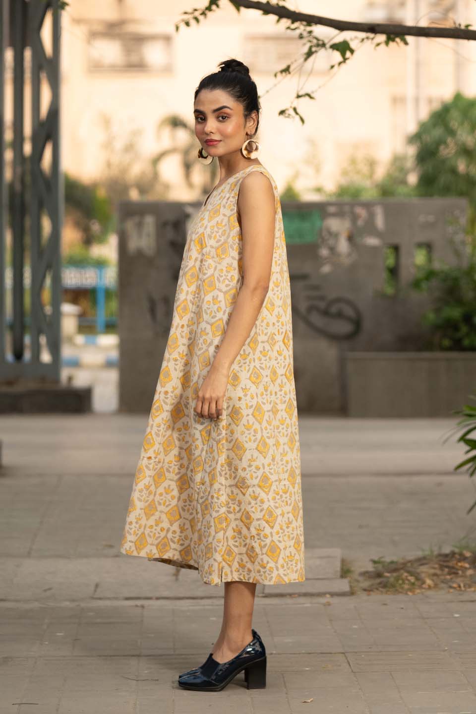 Golden Lattice — Hand Block Print Cotton A-Line Dress