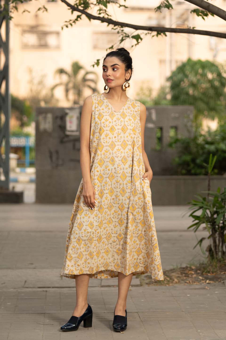 Golden Lattice — Hand Block Print Cotton A-Line Dress