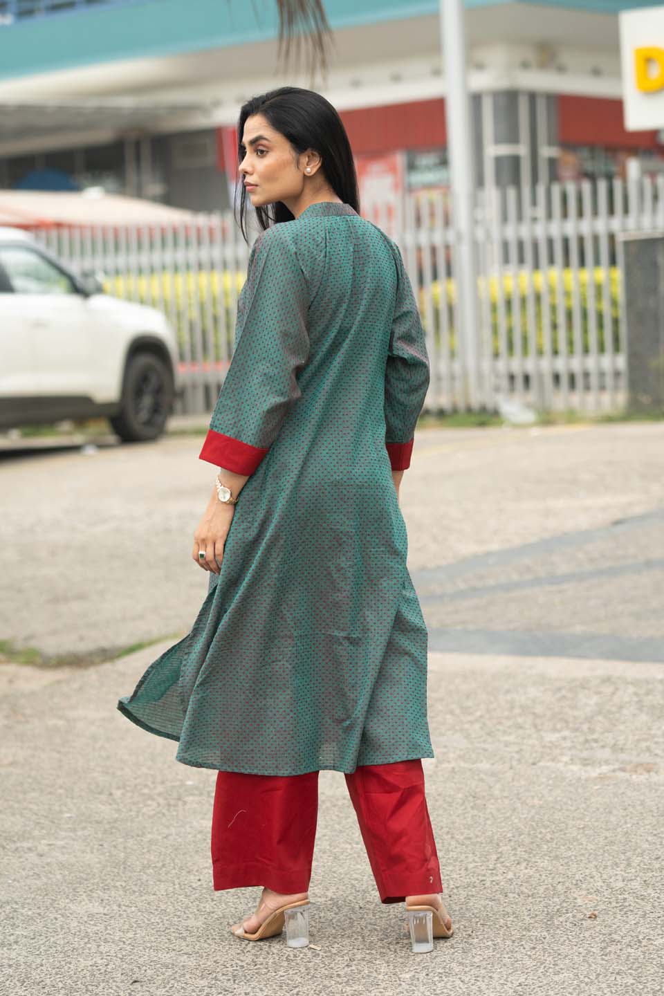 Forest Ember — Micro-Print Cotton Coord Set with Contrast Pants