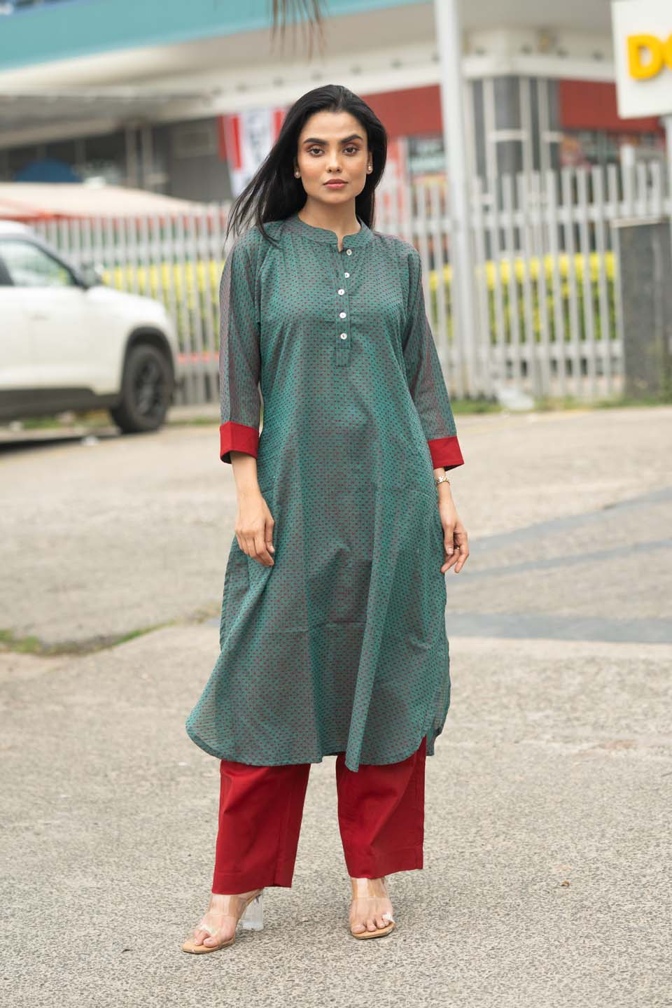 Forest Ember — Micro-Print Cotton Coord Set with Contrast Pants
