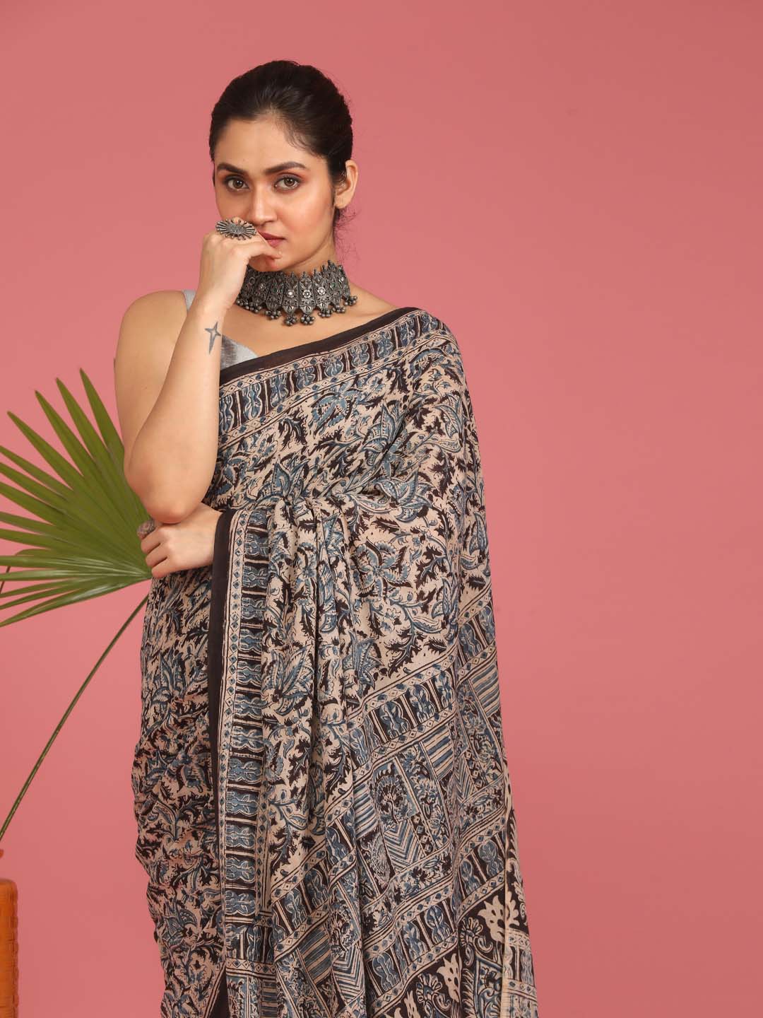 Indethnic Kalamkari Handblock Mulmul Cotton Saree - View 2