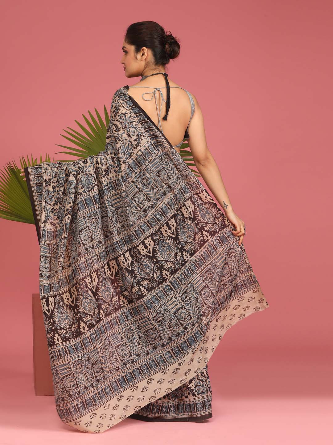 Indethnic Kalamkari Handblock Mulmul Cotton Saree - View 3