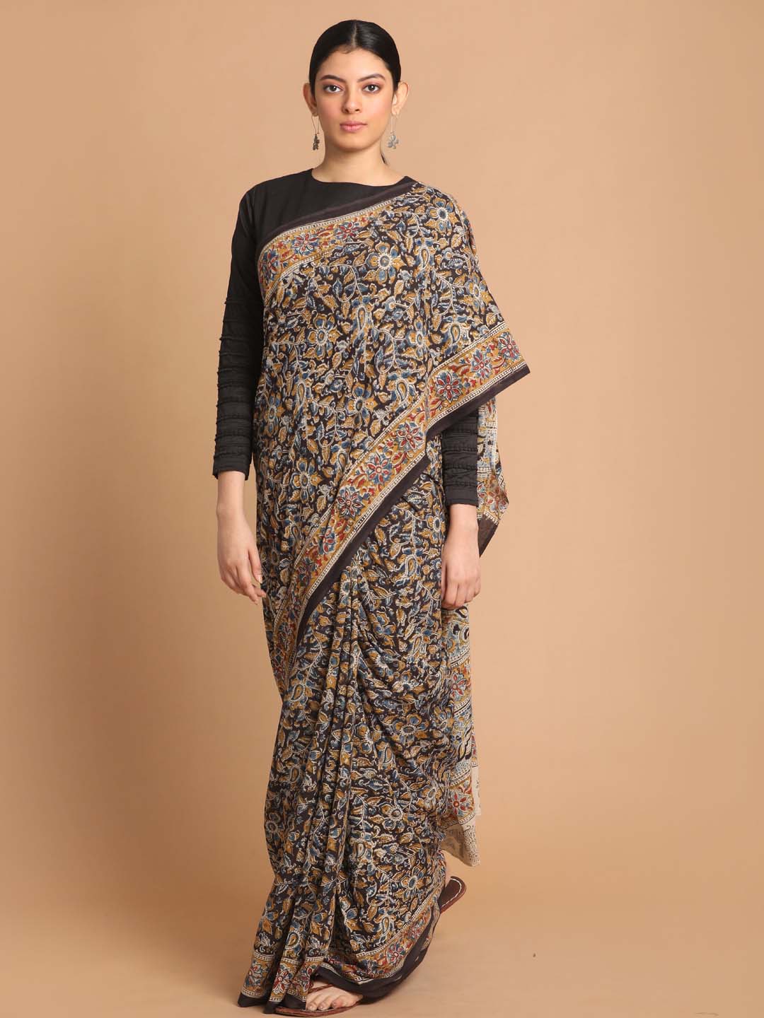 Indethnic Kalamkari Handblock Mulmul Cotton Saree - View 1
