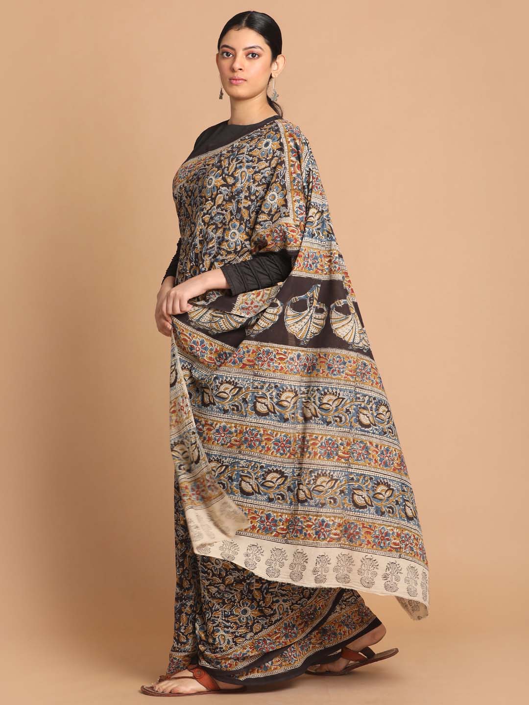 Indethnic Kalamkari Handblock Mulmul Cotton Saree - View 2