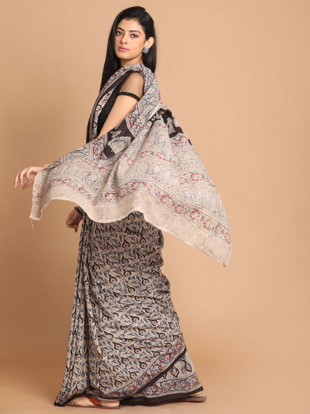 Indethnic Kalamkari Handblock Mulmul Cotton Saree - View 2