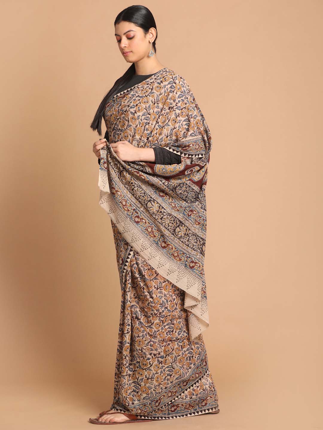 Indethnic Kalamkari Handblock Mulmul Cotton Saree - View 2