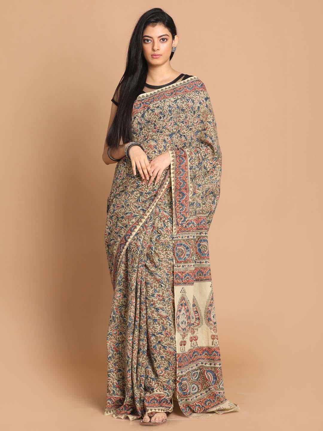 Indethnic Kalamkari Handblock Mulmul Cotton Saree - View 1