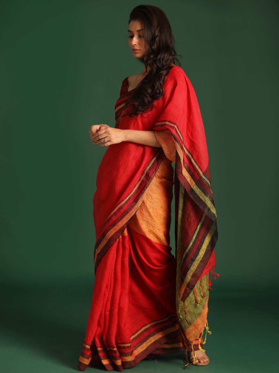 Indethnic Multi Pure Linen Colour Blocked Design Jamdani - View 2