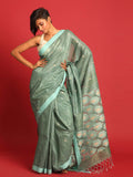 Indethnic Green Pure Silk Abstract Design Jamdani - View 1