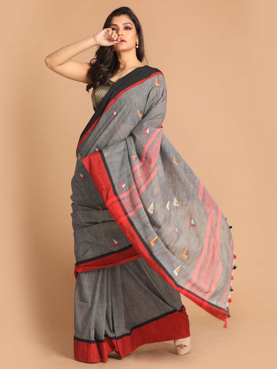 Indethnic Grey Bengal Handloom Pure Cotton Saree Work Saree - View 1