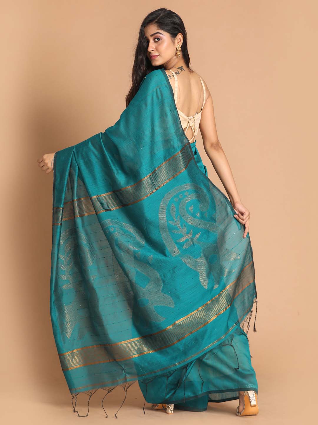 Indethnic Teal Bengal Handloom Pure Cotton Saree Work Saree - View 3