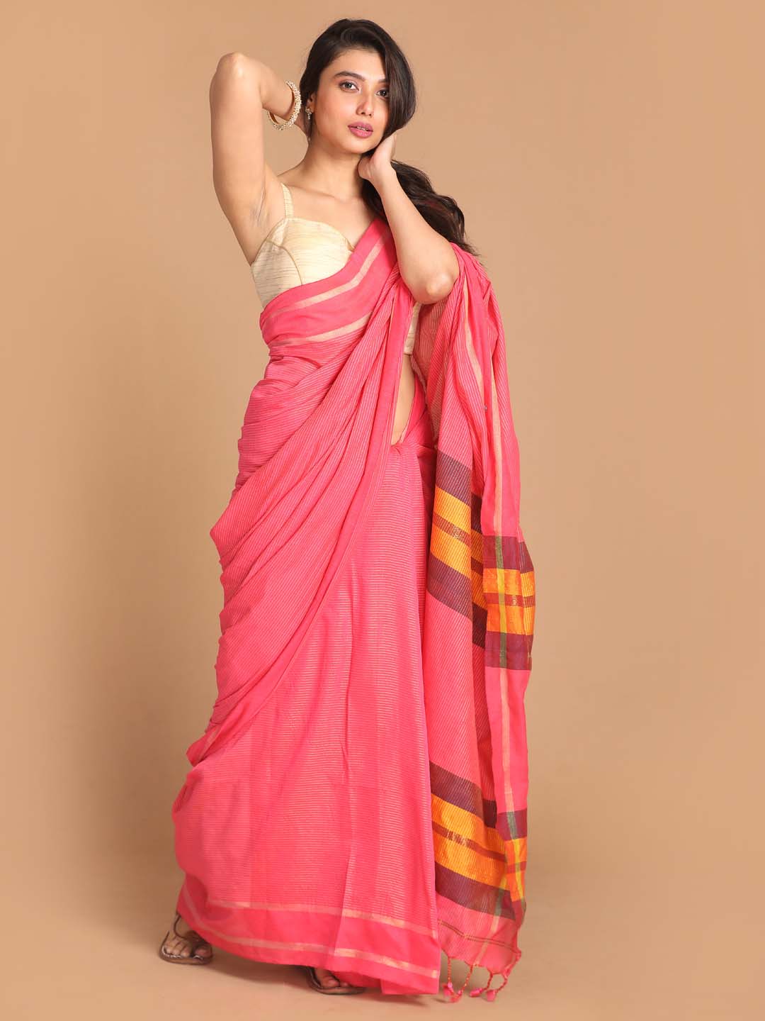 Indethnic Pink Bengal Handloom Pure Cotton Saree Work Saree - View 1