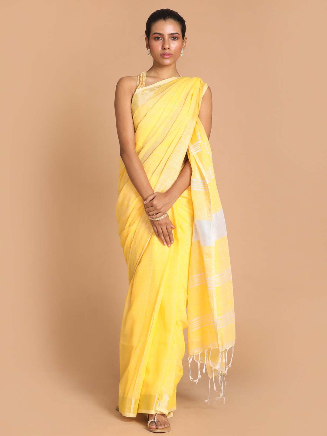 Indethnic Yellow Bengal Handloom Pure Cotton Saree Work Saree - View 1