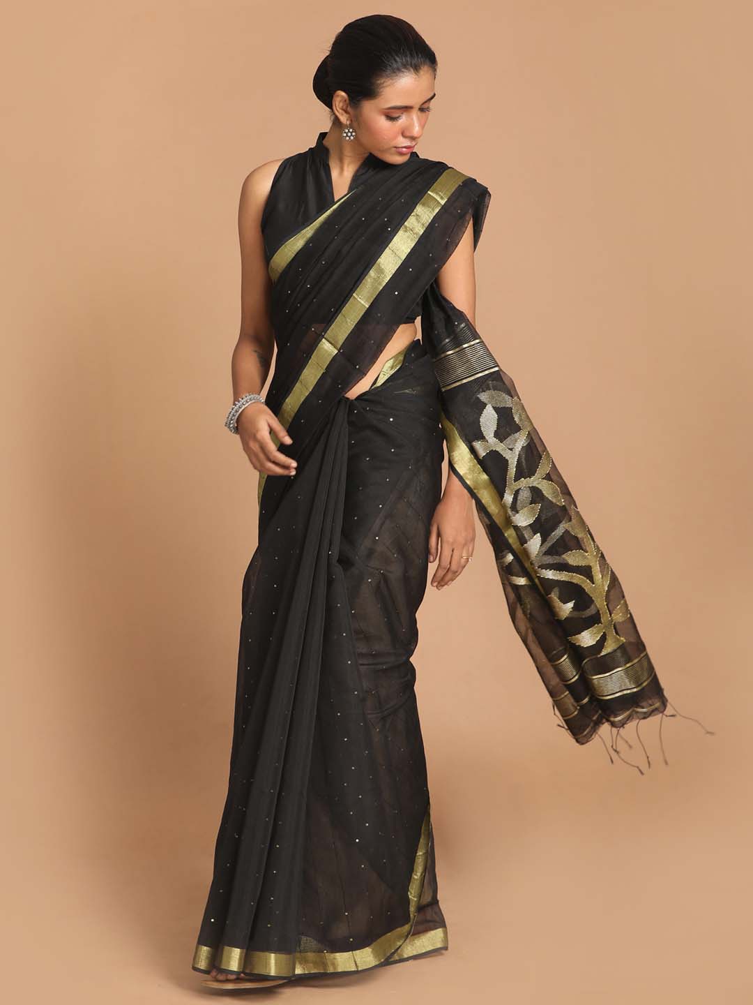 Indethnic Black Bengal Handloom Cotton Blend Work Saree - View 1
