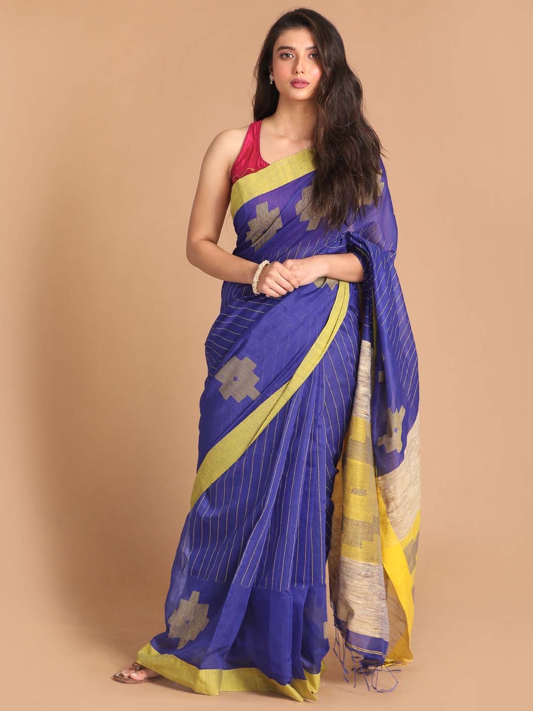 Indethnic Blue Bengal Handloom Cotton Blend Work Saree - View 1