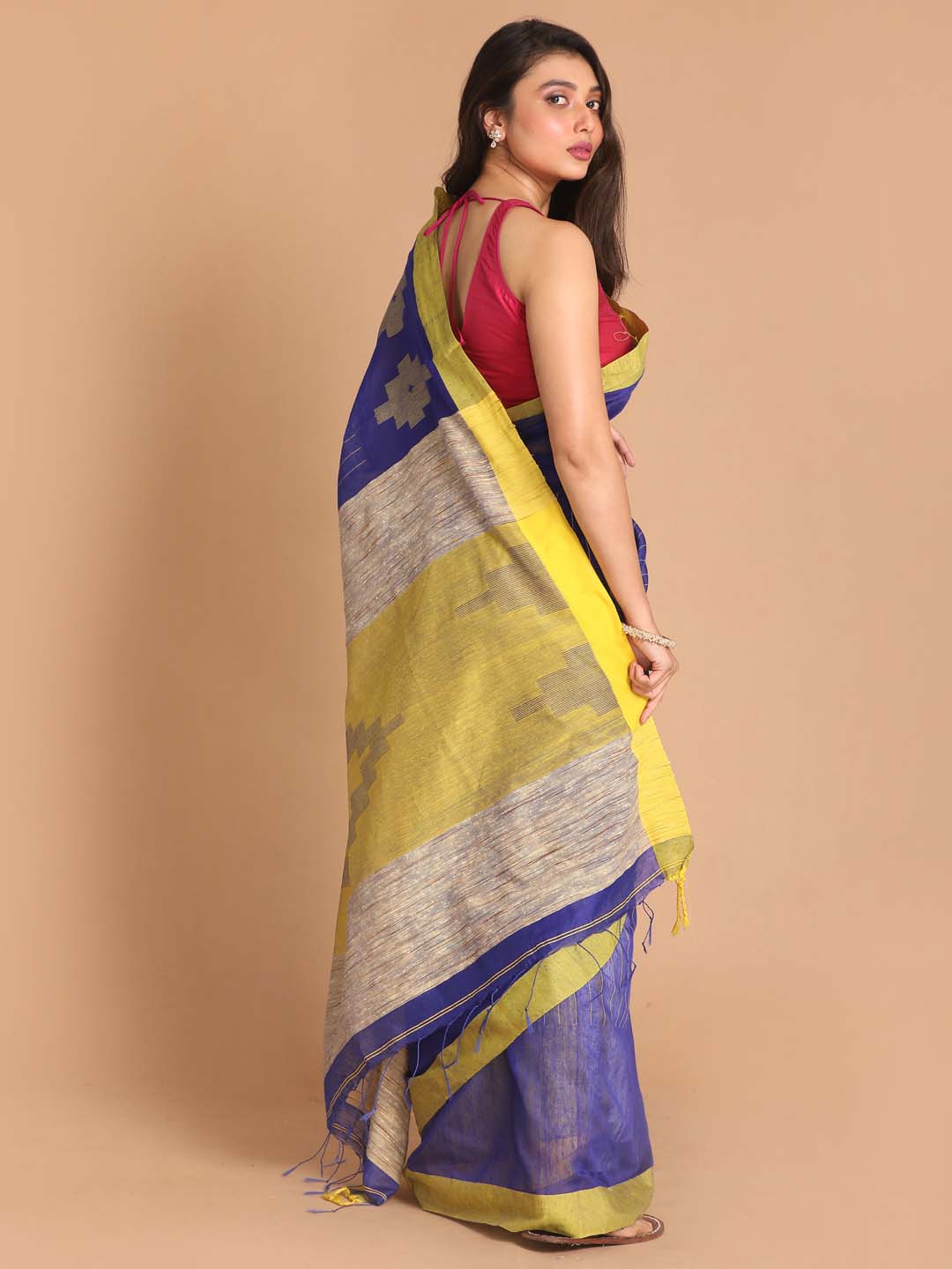 Indethnic Blue Bengal Handloom Cotton Blend Work Saree - View 3