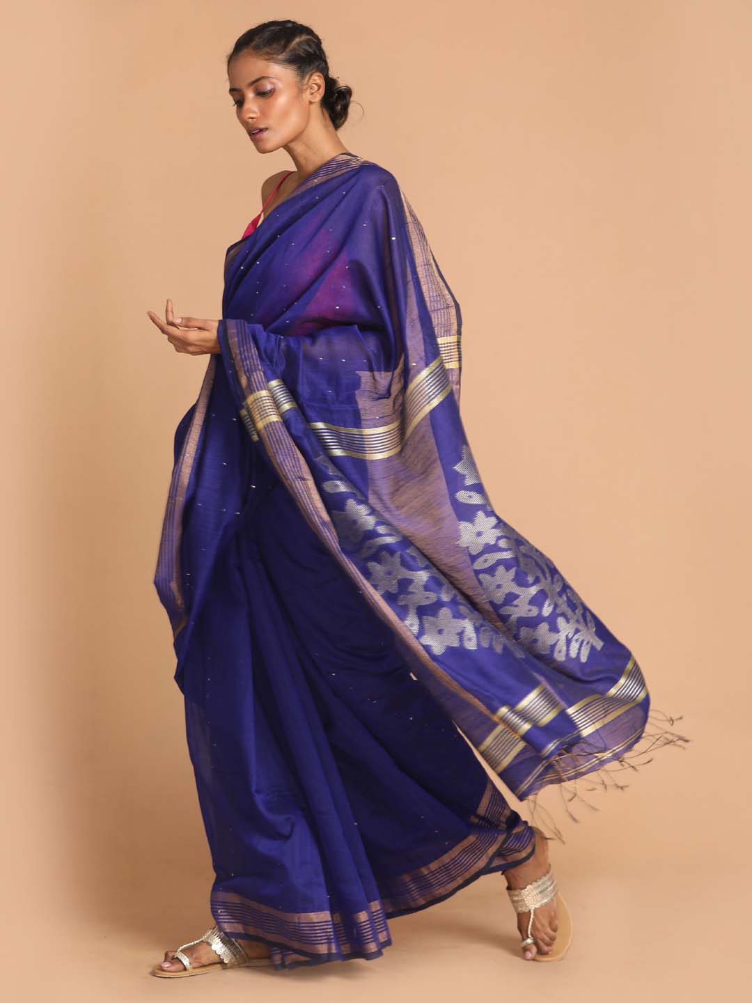 Indethnic Blue Bengal Handloom Cotton Blend Party Saree - View 2