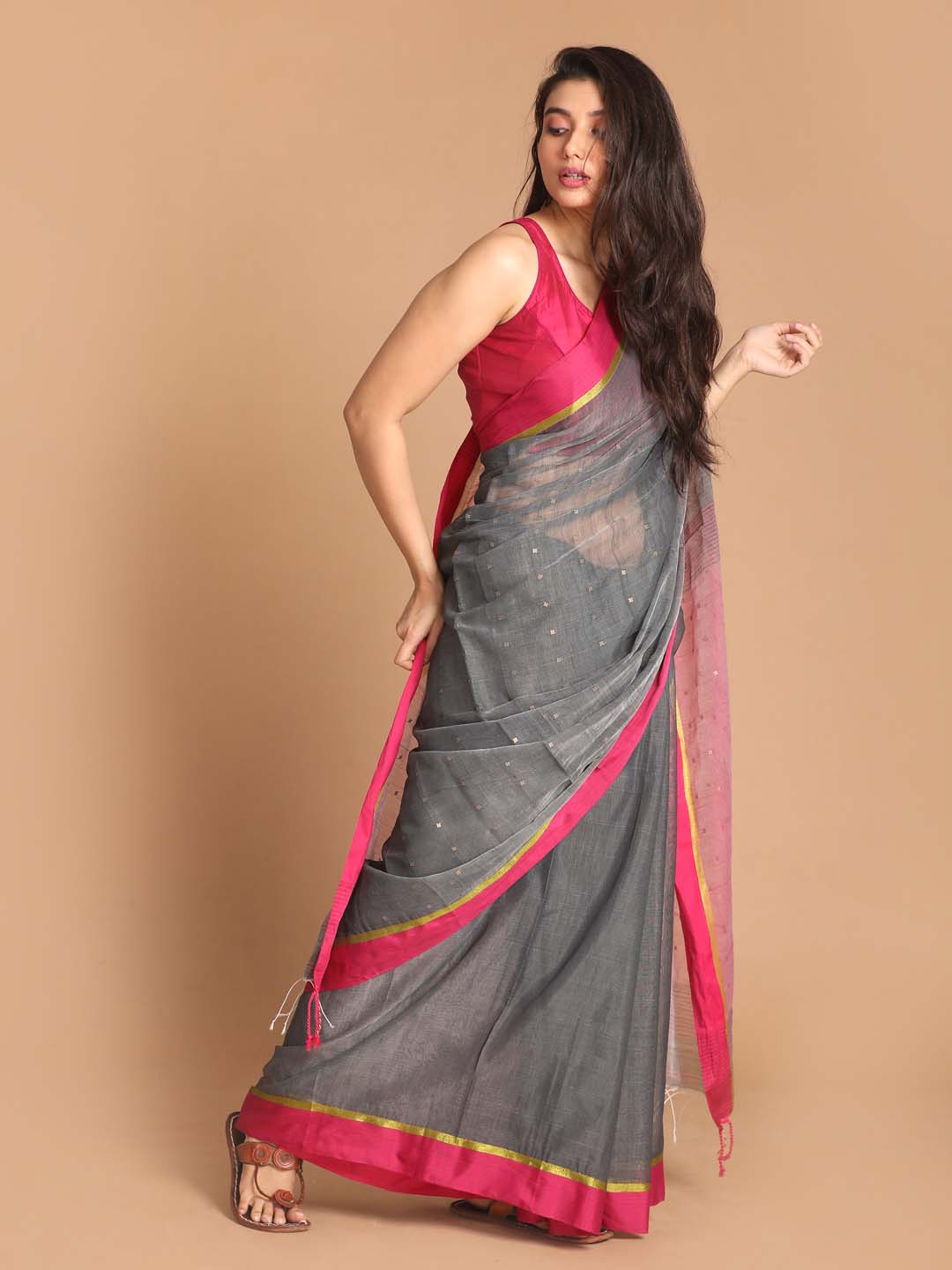 Indethnic Grey Bengal Handloom Cotton Blend Work Saree - View 2