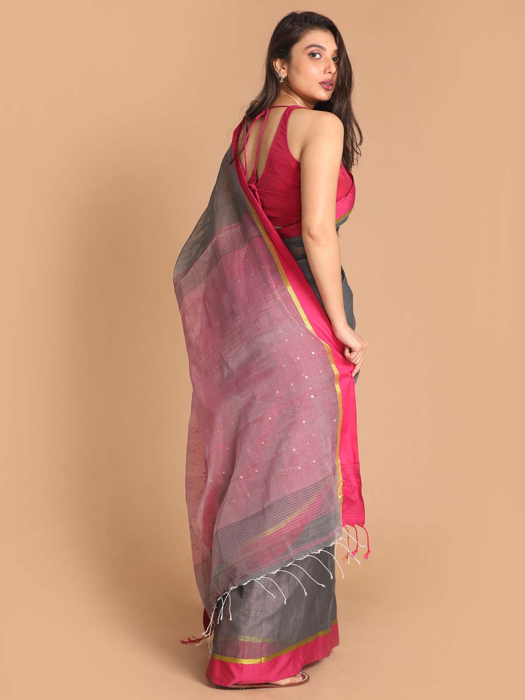 Indethnic Grey Bengal Handloom Cotton Blend Work Saree - View 3