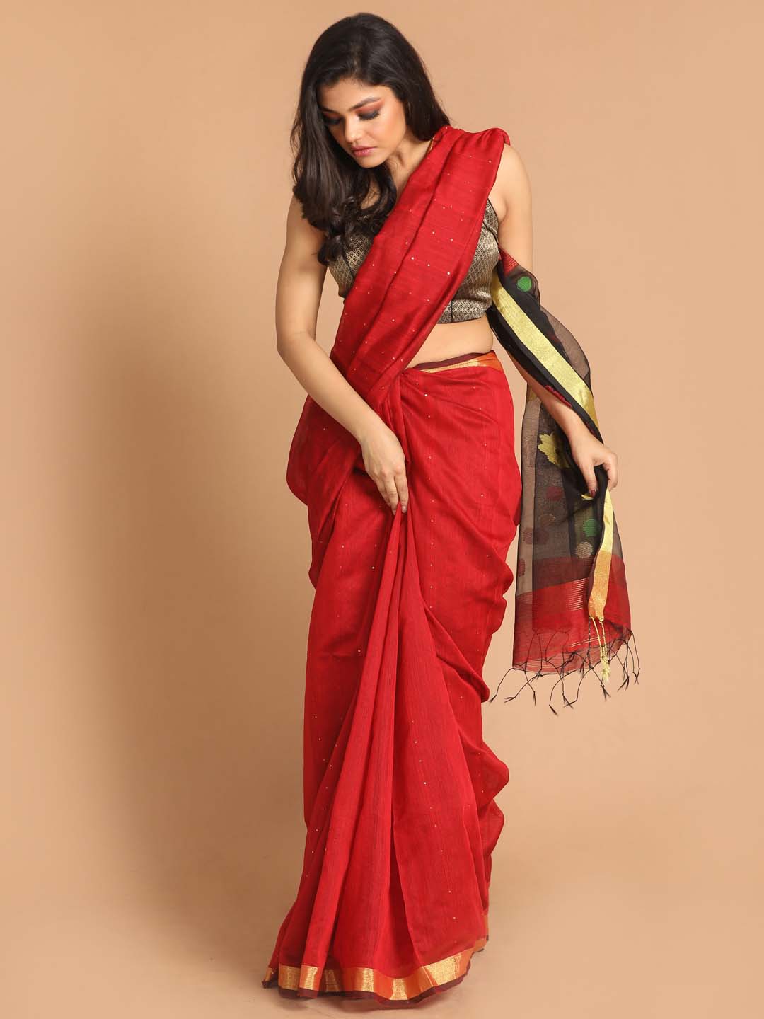 Indethnic Maroon Bengal Handloom Cotton Blend Work Saree - View 1
