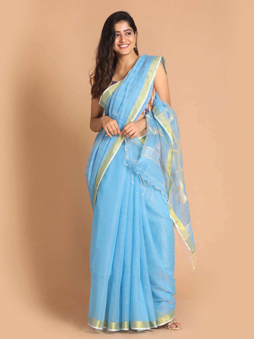 Indethnic Turquoise Blue Bengal Handloom Cotton Blend Work Saree - View 1